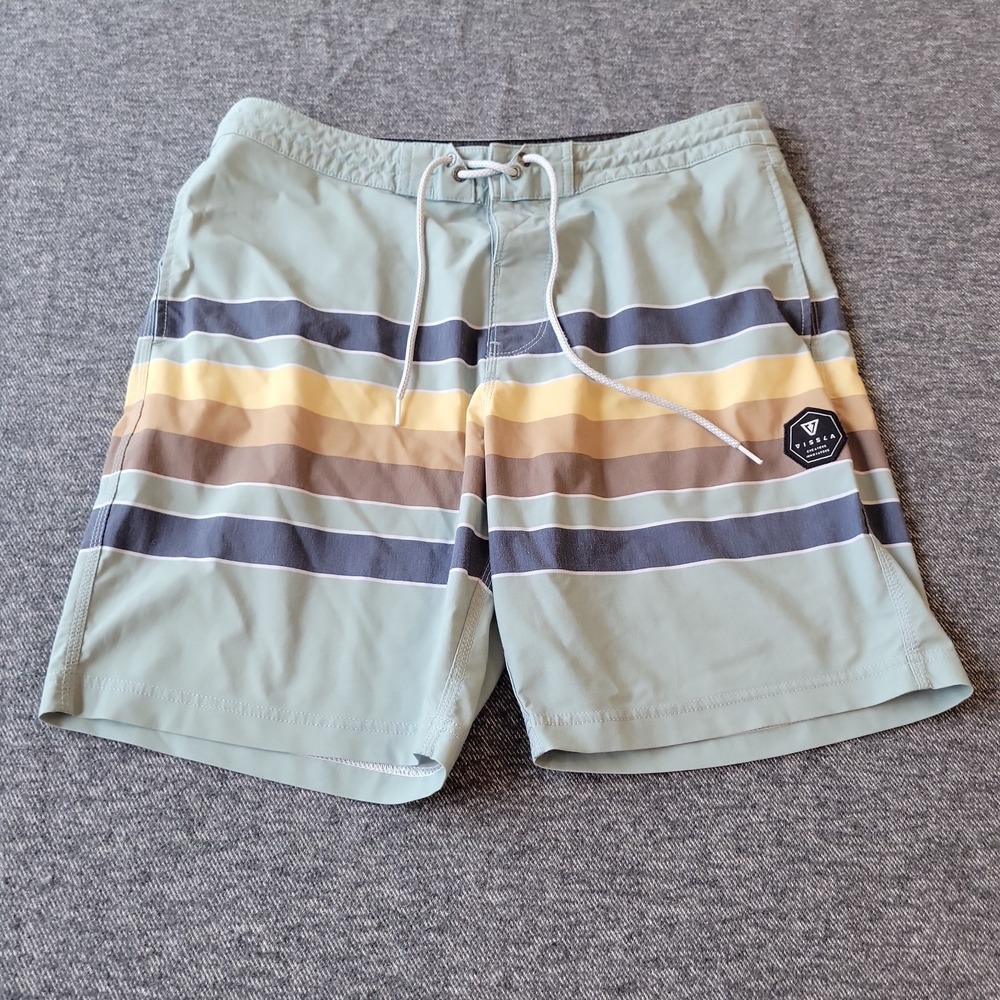 Vissla Shorts Men's Size 34 Green Yellow Striped Beach Board Swim Trunks